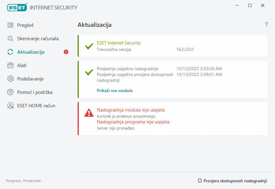 Nadogradnja modula nije uspjela