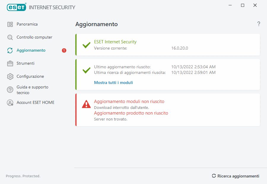 Aggiornamento moduli non riuscito Aggiornamento moduli non riuscito