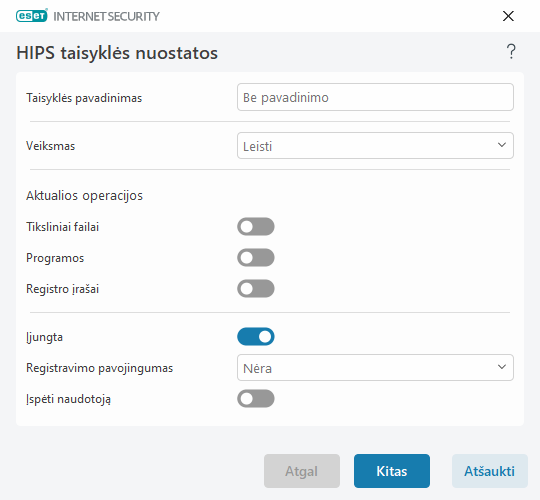 HIPS taisyklės parametrai HIPS taisyklės parametrai