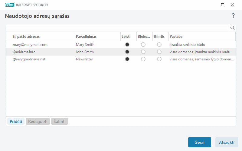Naudotojo adresų sąrašas