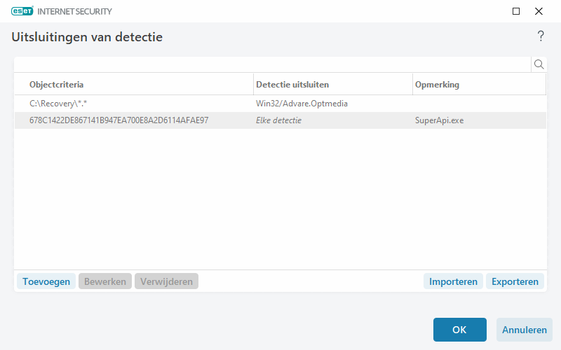Uitsluitingen van detectie Uitsluitingen van detectie