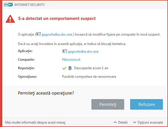 S-a detectat un posibil comportament de ransomware S-a detectat un posibil comportament de ransomware