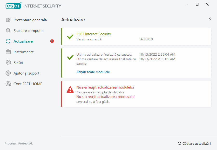 Nu s-a reuşit actualizarea modulelor
