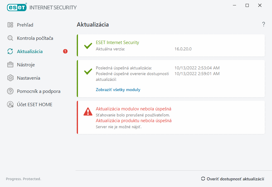 Aktualizácia modulov nebola úspešná