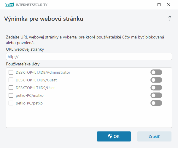 Výnimka pre webovú stránku Výnimka pre webovú stránku