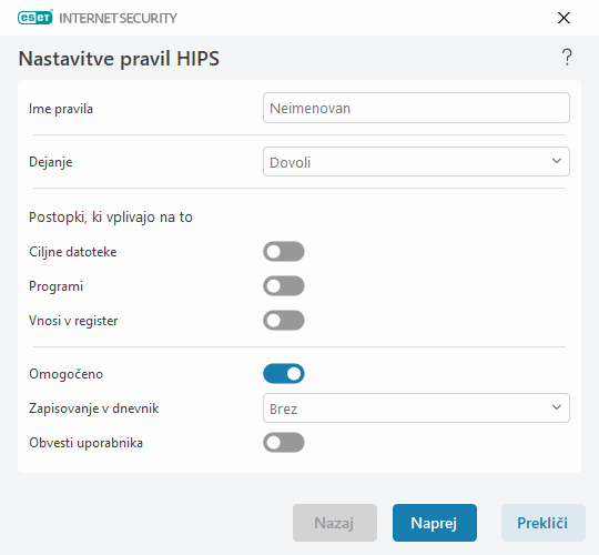 Nastavitve pravil HIPS