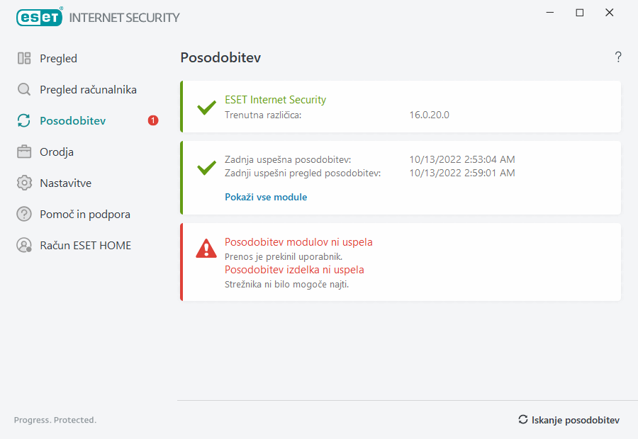 Posodobitev modulov ni uspela