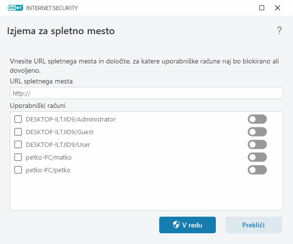 Izjema za spletno mesto Izjema za spletno mesto