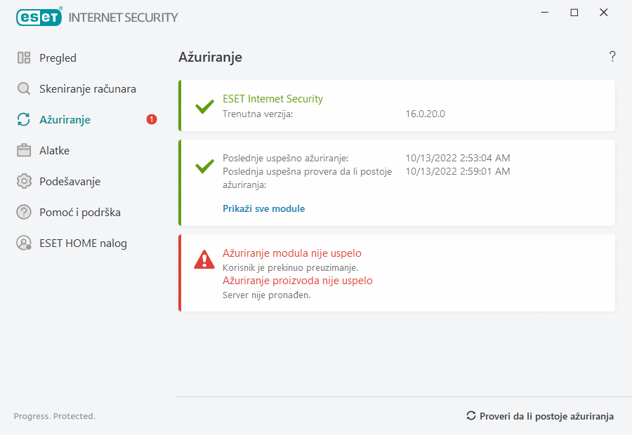 Ažuriranje modula nije uspelo Ažuriranje modula nije uspelo