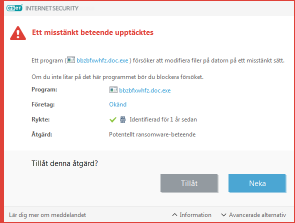 Ett potentellt ransomware-beteende upptäcktes