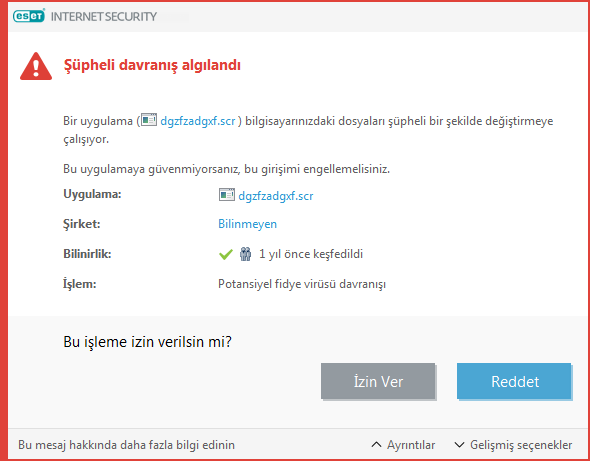 Potansiyel fidye virüsü davranışı algılandı