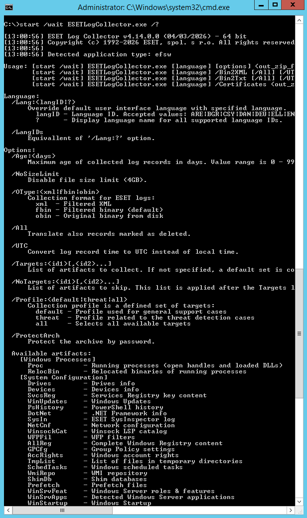 Una ayuda de línea de comandos para ESET Log Collector.