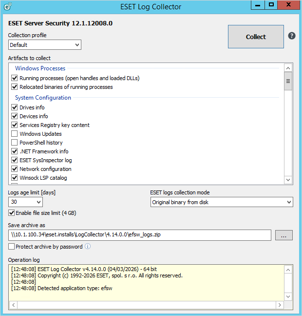 ESET Log Collectorプログラムウィンドウ(GUI)の例。
