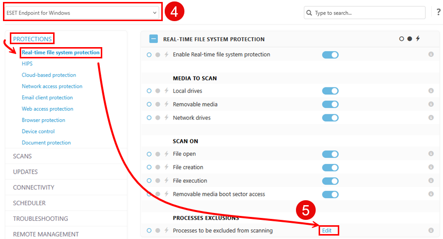 Modifier les exclusions de processus.