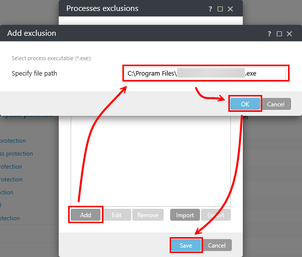 Adicionar exclusões de processo.