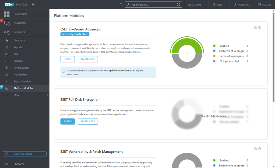 Включение ESET LiveGuard в разделе «Модули платформы».