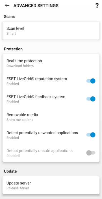 Advanced antivirus settings