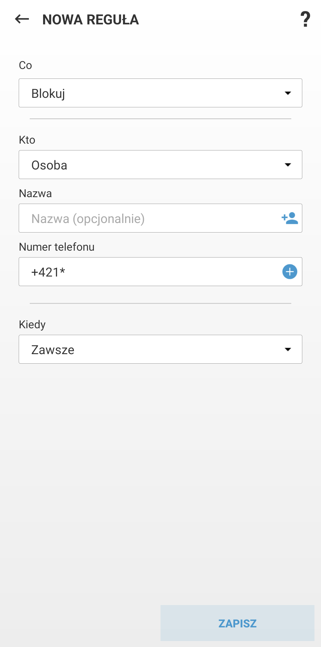 Pola do tworzenia nowej reguły Pola do tworzenia nowej reguły