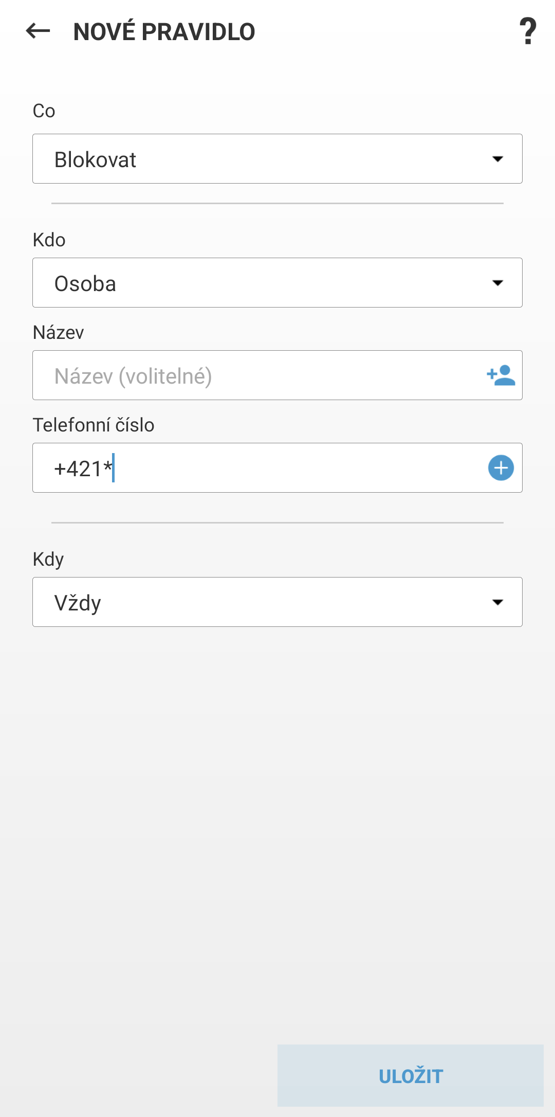 Pole pro vytvoření nového pravidla