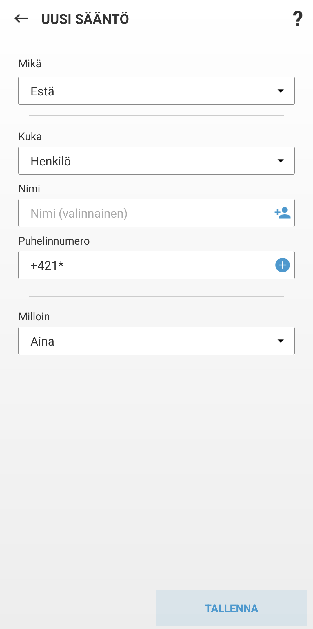 Uuden säännön luomiseen liittyvät kentät