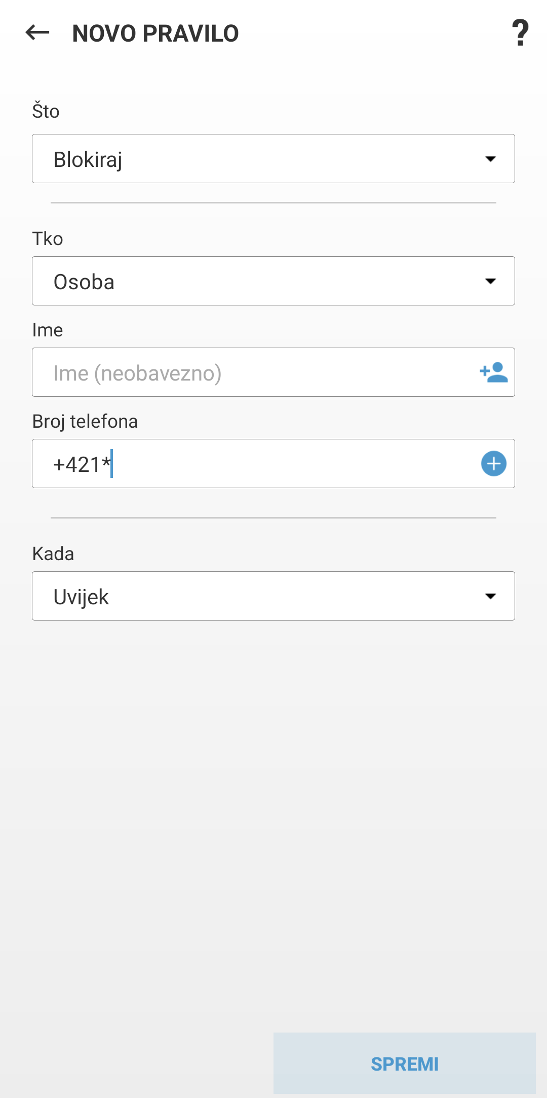 Polja za stvaranje novog pravila