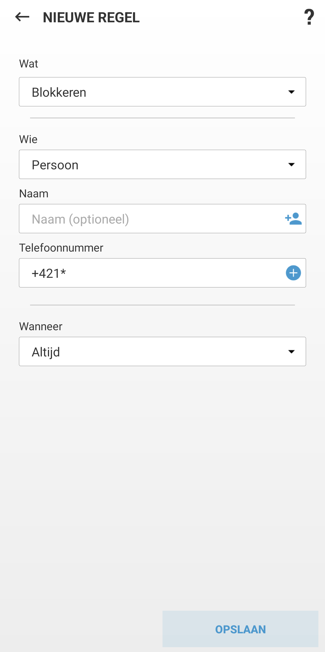 Velden voor het maken van een nieuwe regel