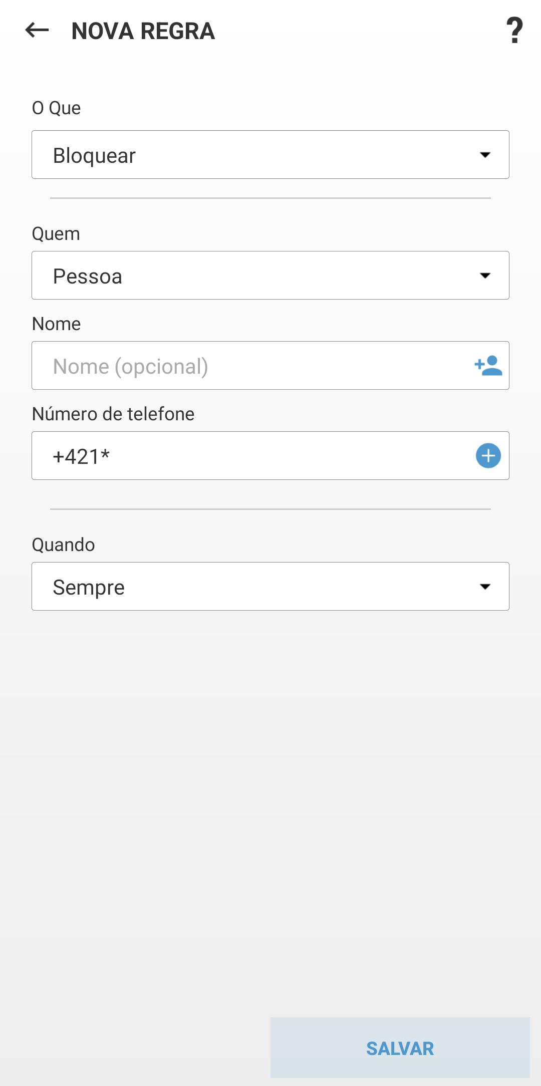 Campos para criar uma nova regra