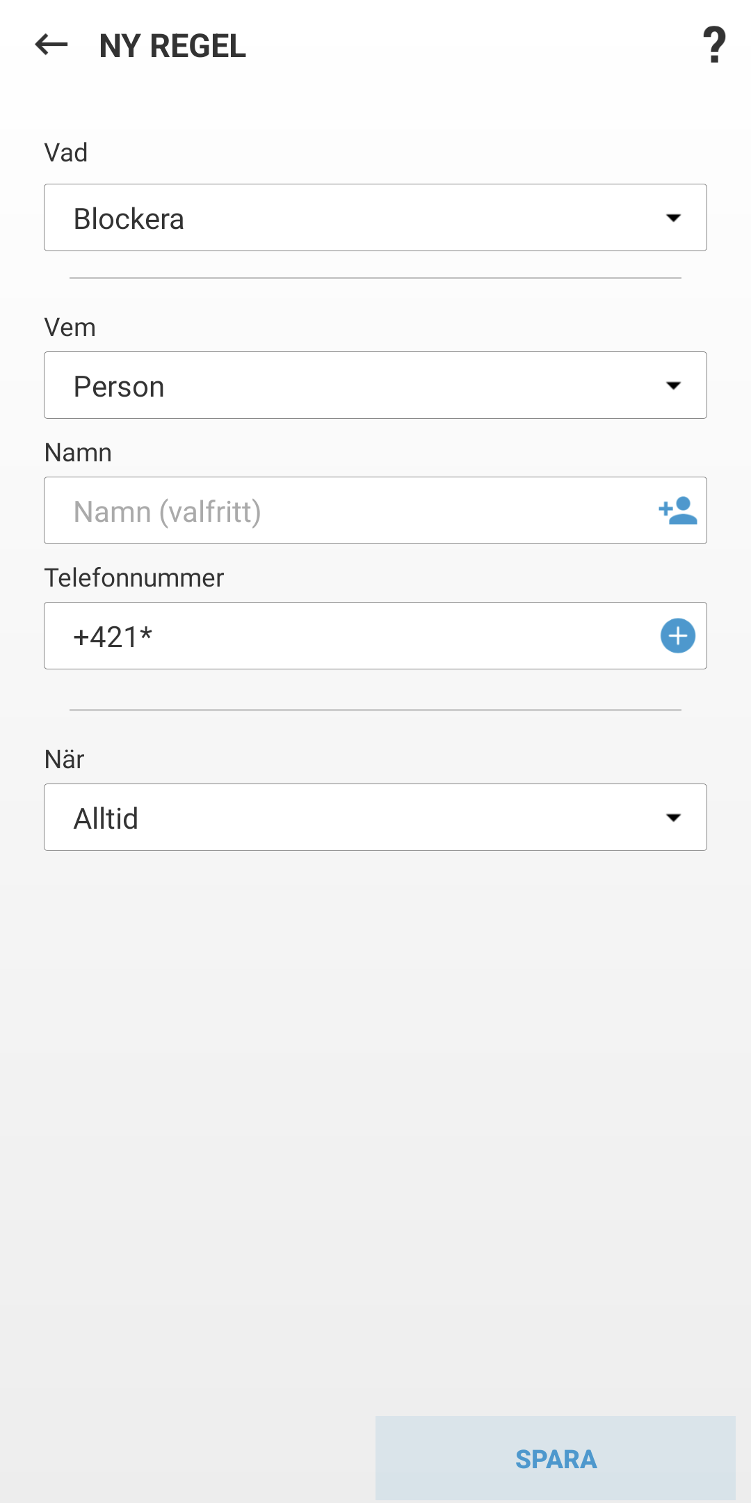 Fält för att skapa en ny regel
