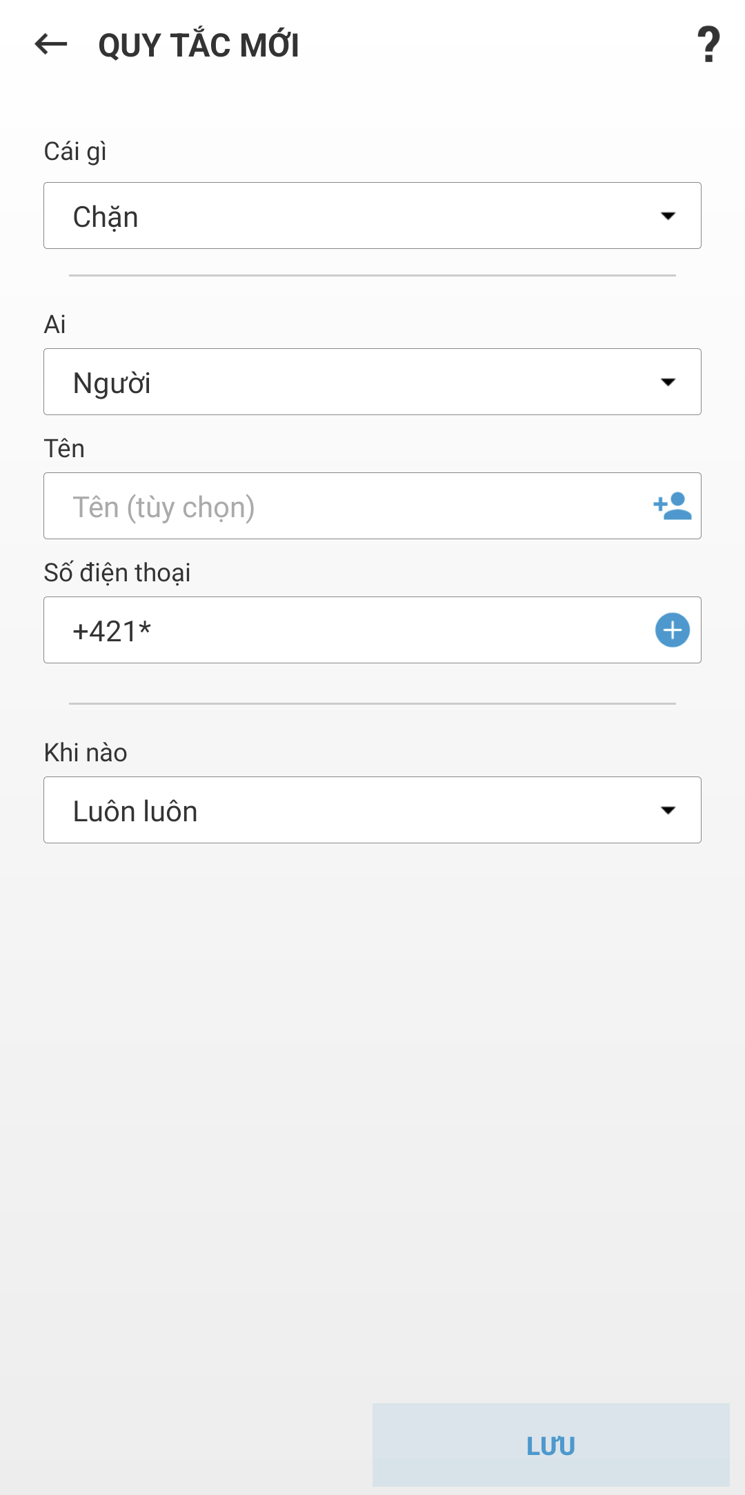 Các trường để tạo quy tắc mới