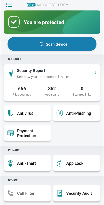 Main ESET Mobile Security screen Main ESET Mobile Security screen