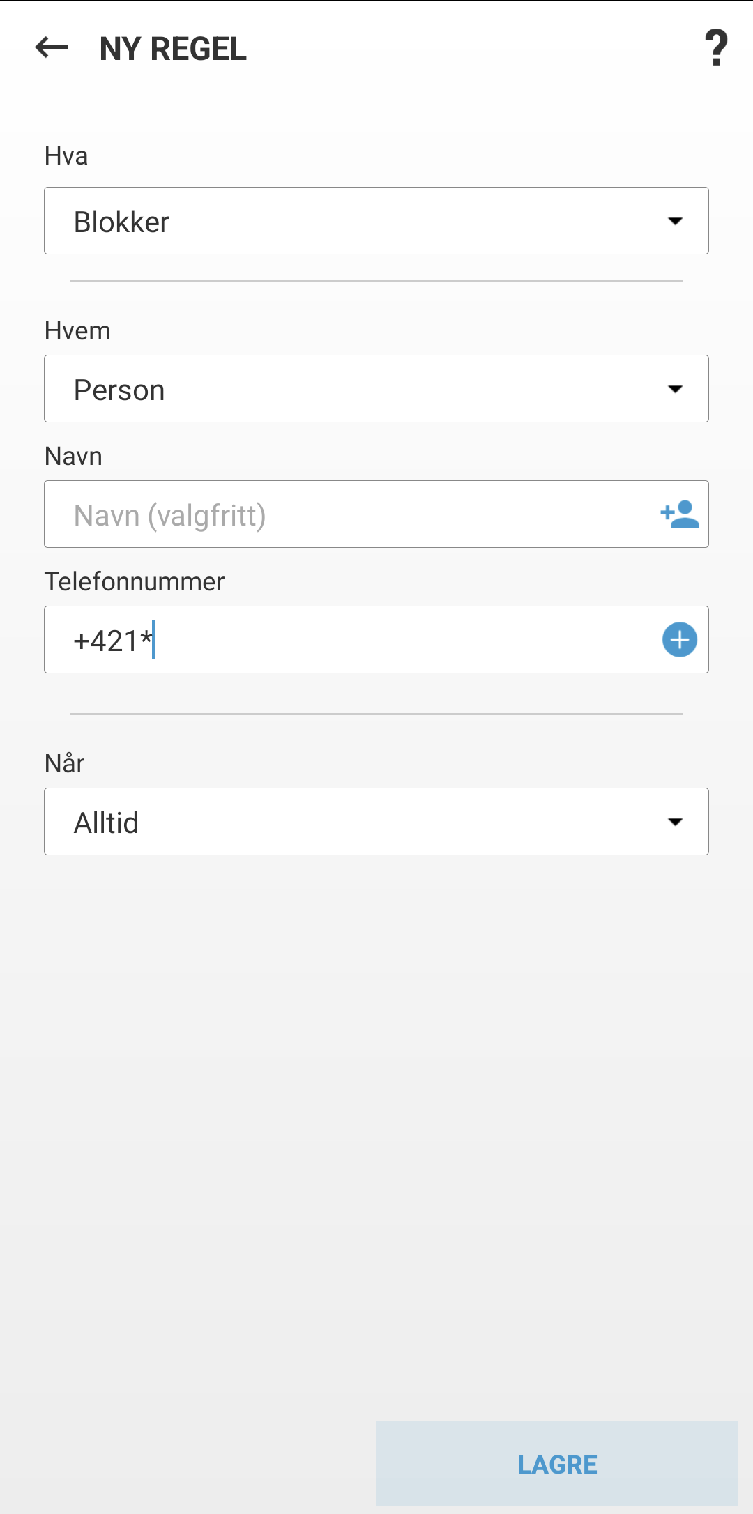 Felt for å opprette en ny regel