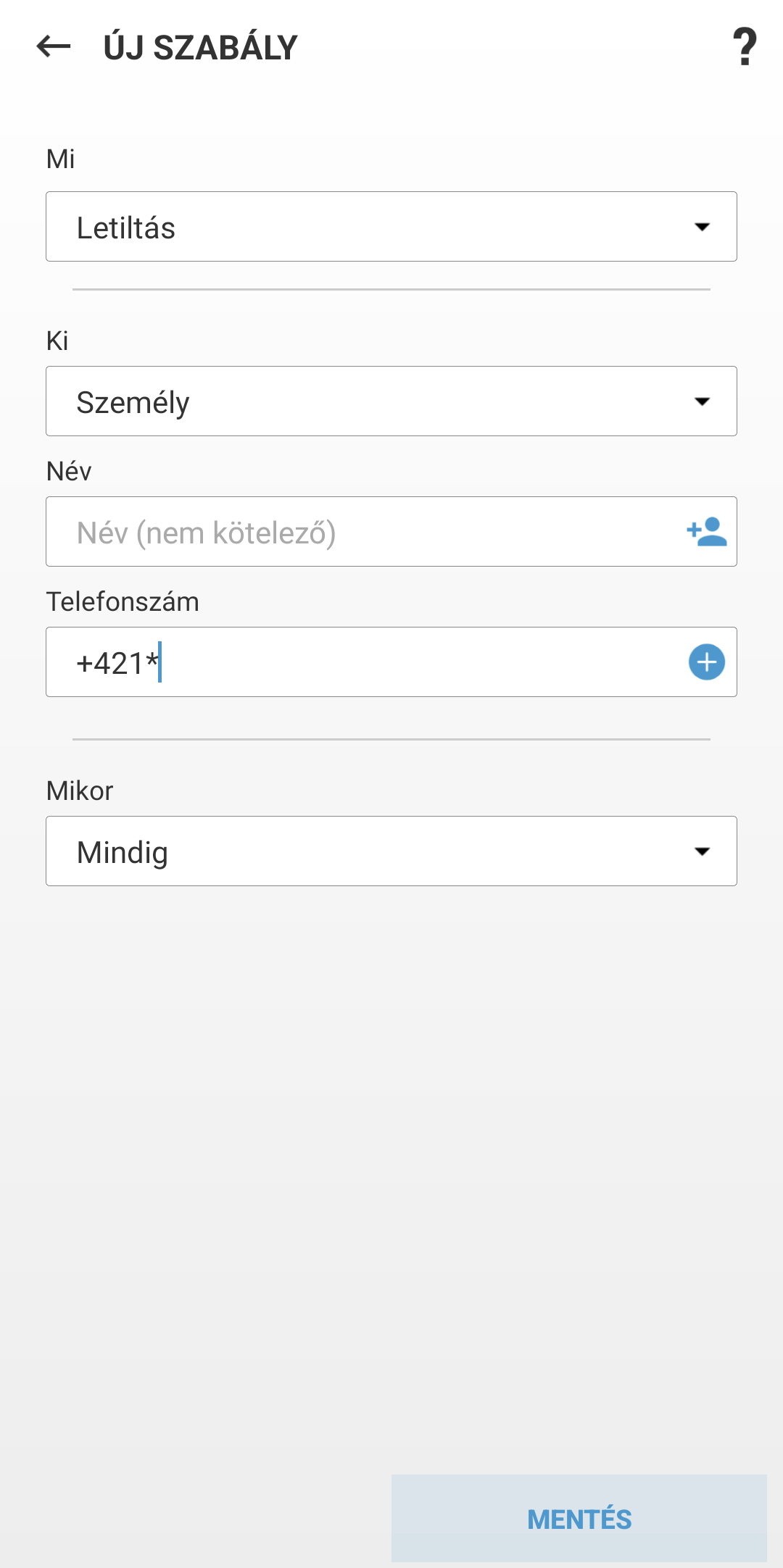 Mezők új szabály létrehozásához Mezők új szabály létrehozásához