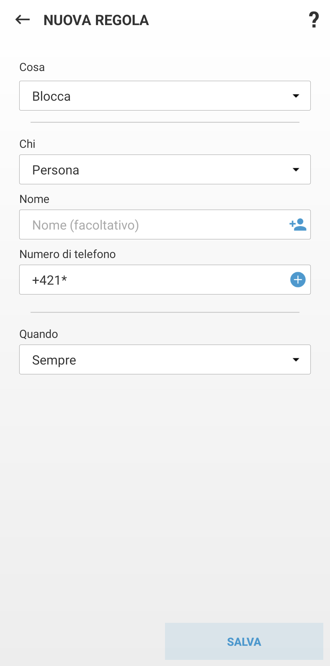 Campi per la creazione di una nuova regola