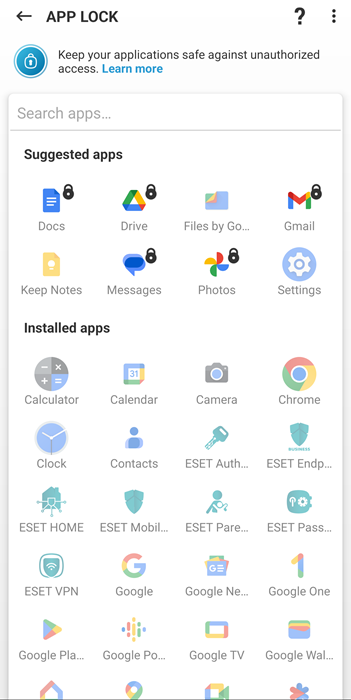 App lock menu App lock menu