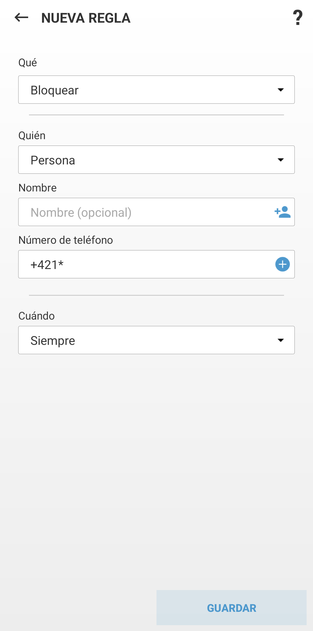 Campos para crear una nueva regla
