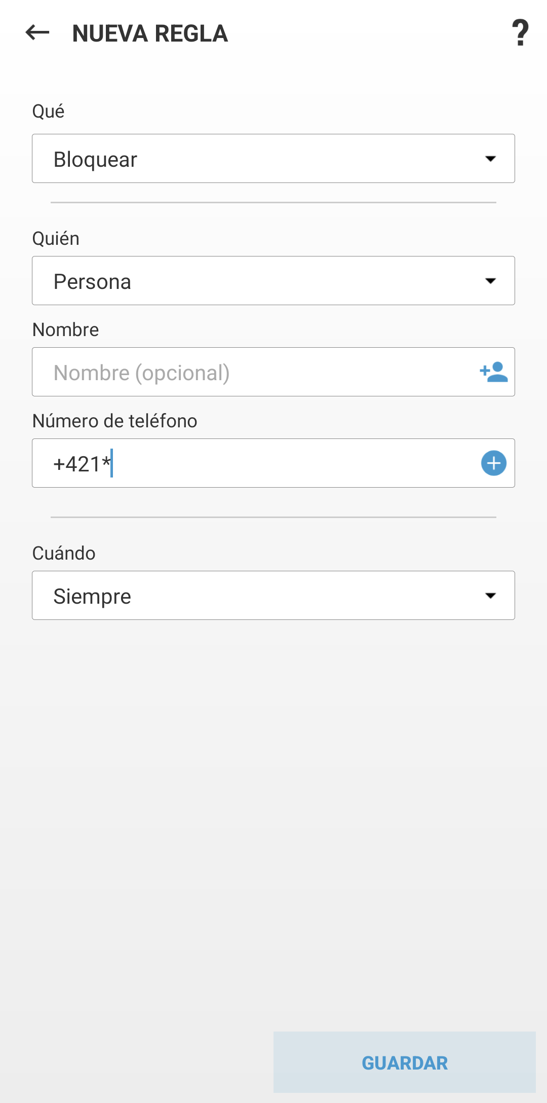 Campos para crear una nueva regla