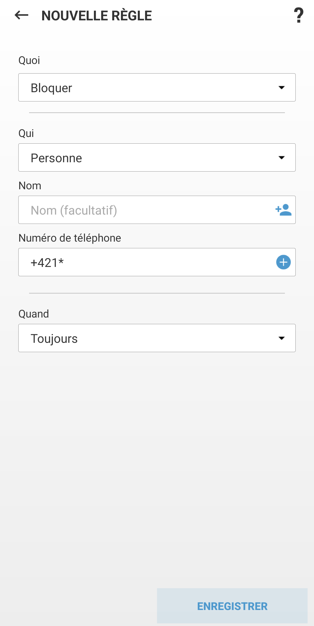 Champs pour créer une nouvelle règle