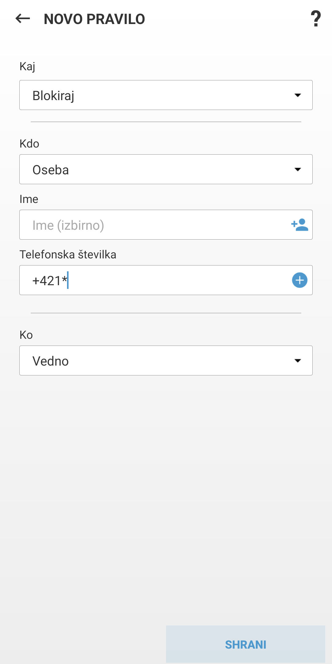 Polja za ustvarjanje novega pravila