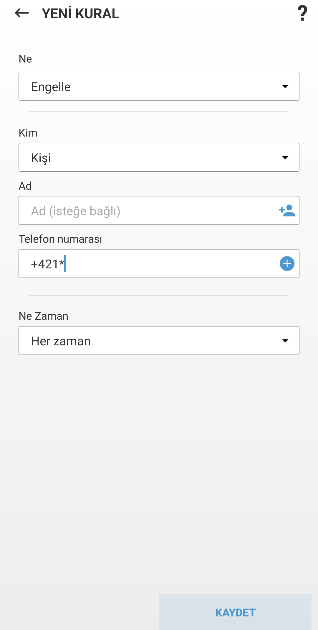 Yeni kural oluşturma alanları