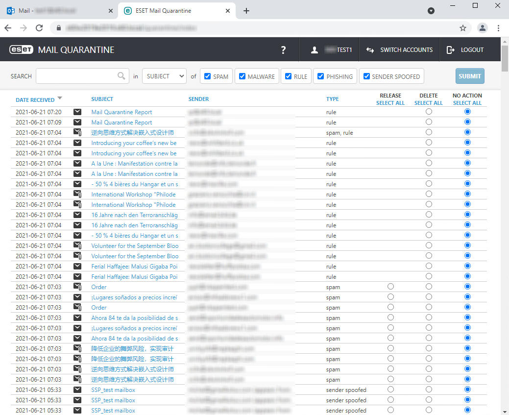 Kullanıcı Posta Karantinası Web arabirimi