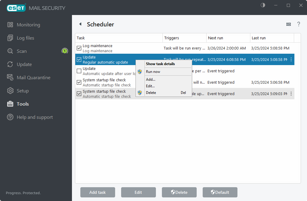 ESET Mail Security Tareas programadas