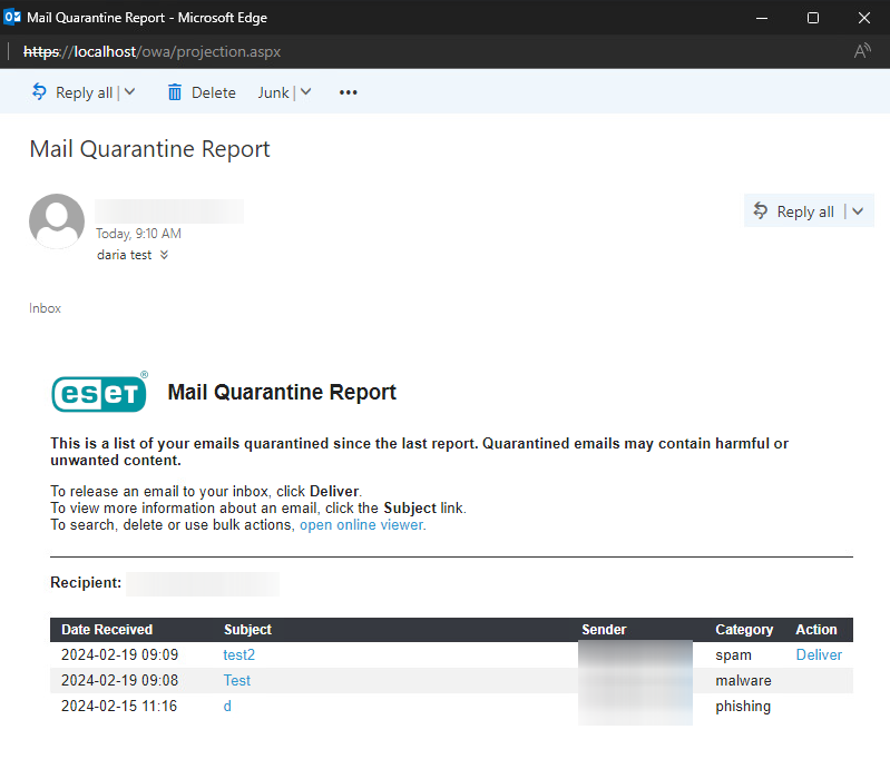 Rapport de quarantaine de courriel