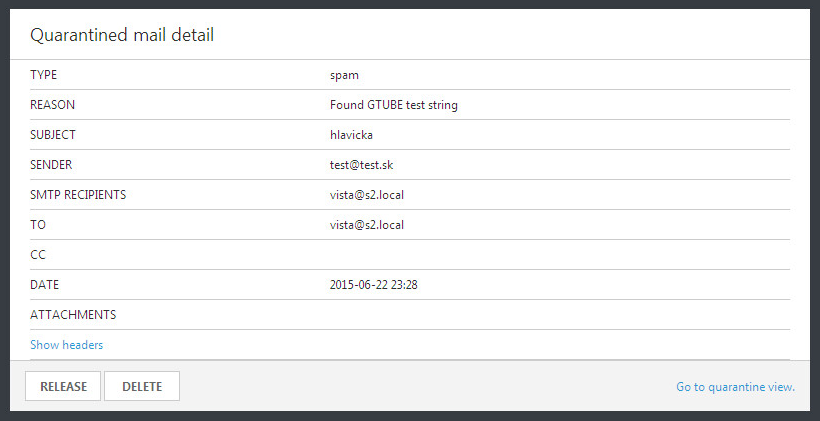 Detalhe do e-mail em quarentena