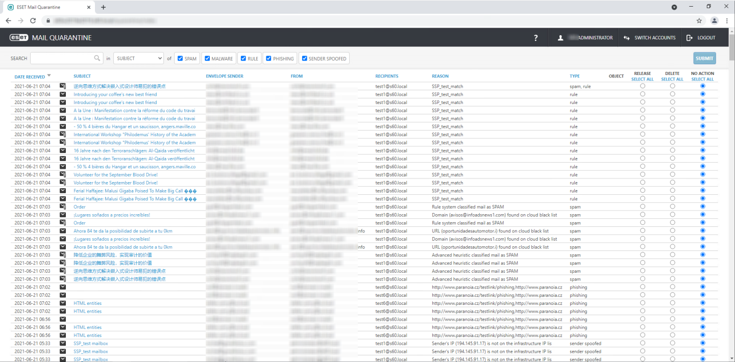 Interfaz web de la cuarentena de correos