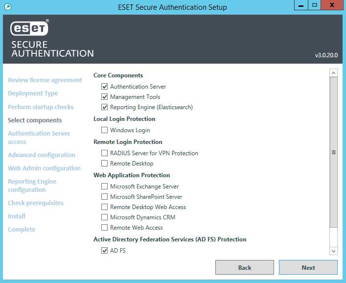 Installer showing the list of available components