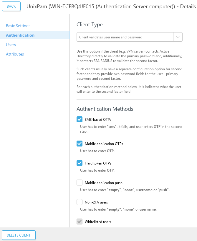 Authentication client type details overview