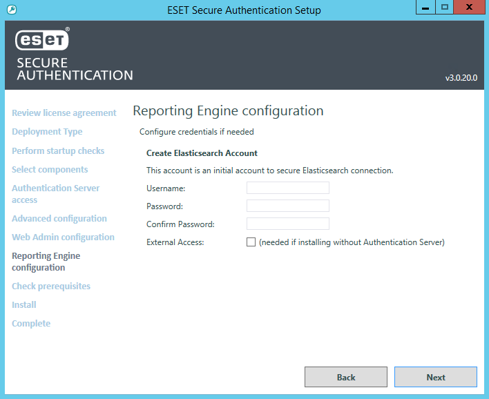 Écran du programme d'installation pour la configuration de Reporting Engine