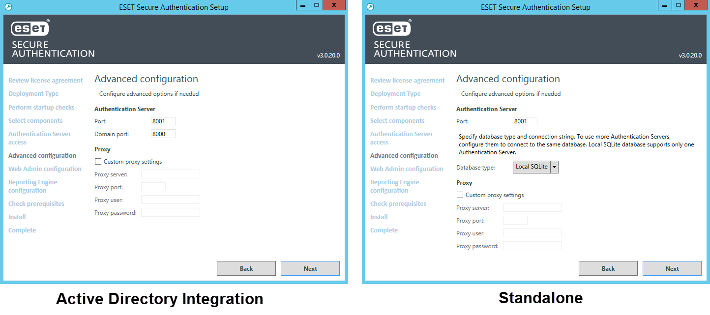 Porovnanie sekcií Advanced configuration