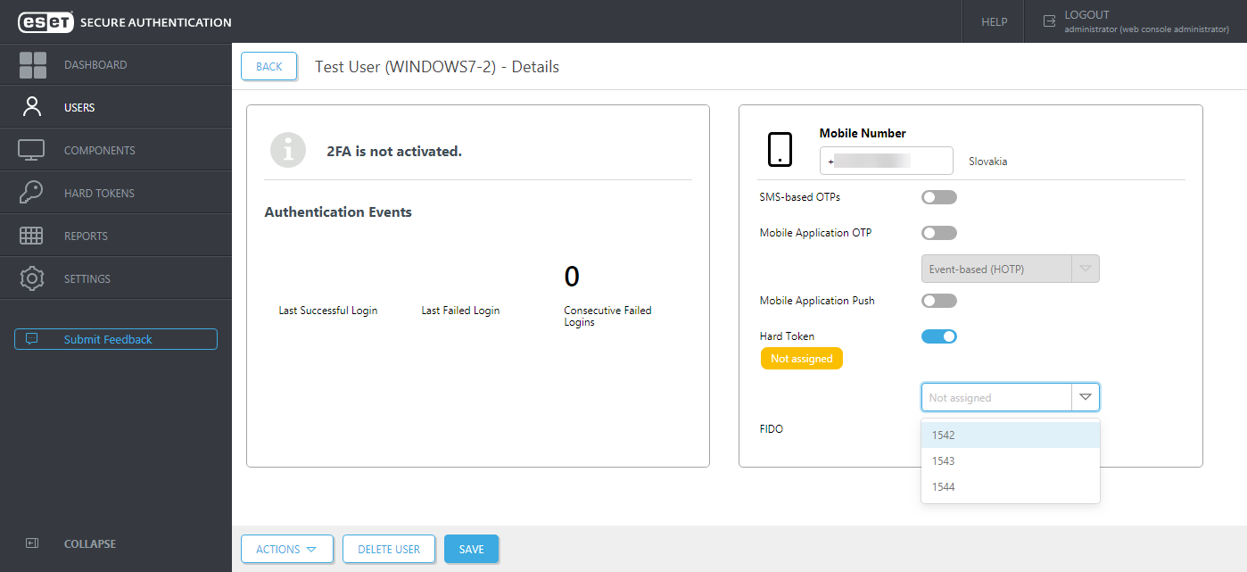 Hard token assigned to the user Hard token assigned to the user
