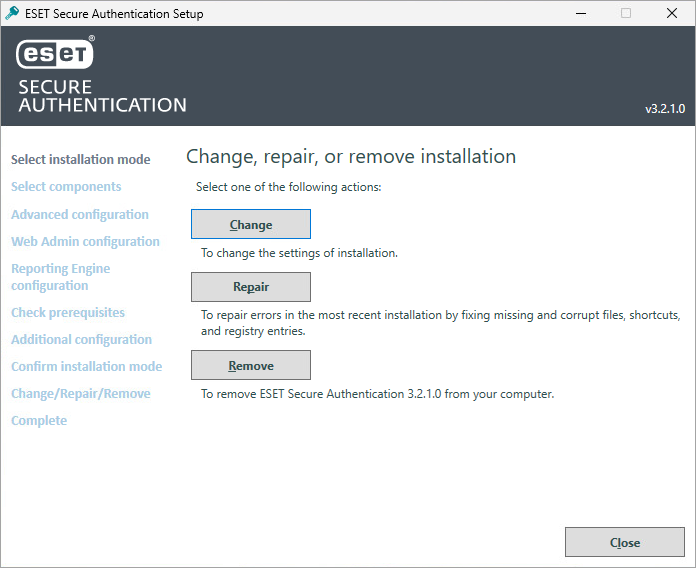 Fenêtre contextuelle pour modifier, réparer ou supprimer l'installation